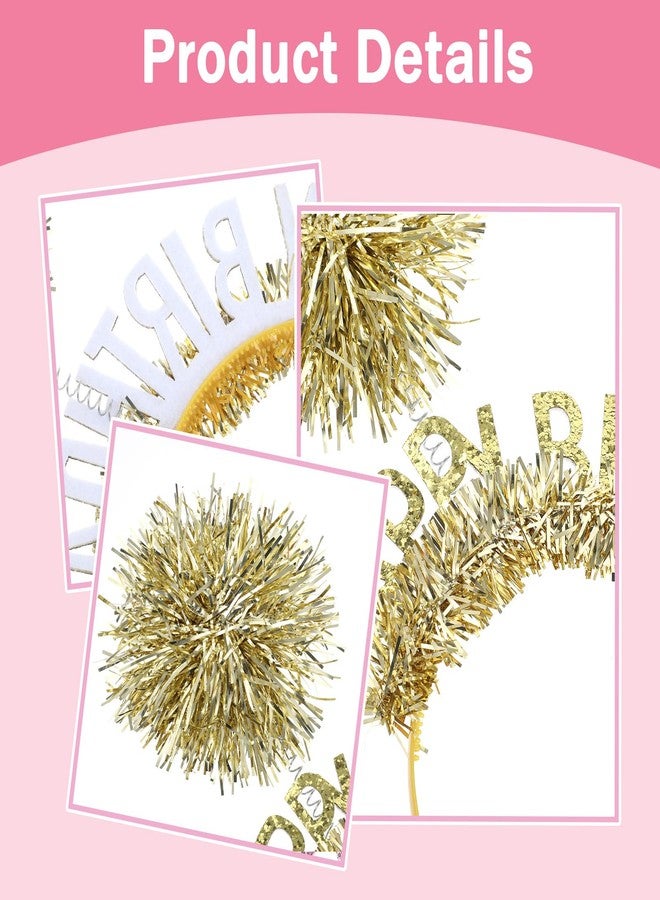 Macuezu Birthday Tiara Crown for Girls Women, Happy Birthday Headband Pom Pom Headband Hair Accessories Hat for Princess Adults Kids Party(Gold) - Image 4